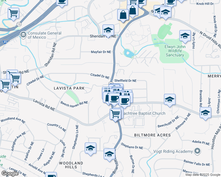 map of restaurants, bars, coffee shops, grocery stores, and more near 1310 Wildcliff Parkway Northeast in Atlanta