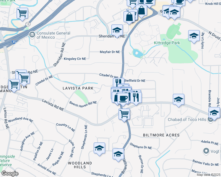 map of restaurants, bars, coffee shops, grocery stores, and more near 1300 Winfair Lane Northeast in Atlanta