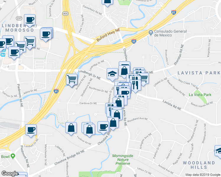 map of restaurants, bars, coffee shops, grocery stores, and more near 1031 Lindbergh Drive Northeast in Atlanta