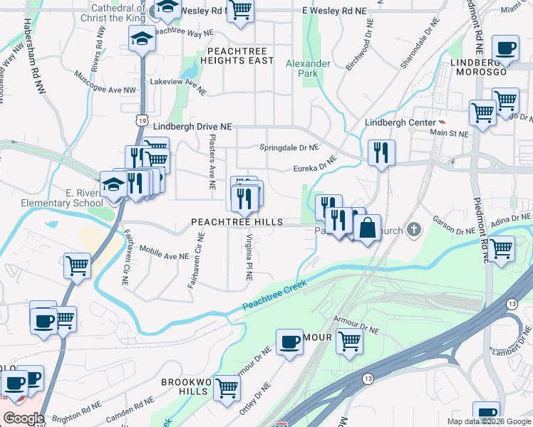 map of restaurants, bars, coffee shops, grocery stores, and more near 2354 Hurst Drive Northeast in Atlanta