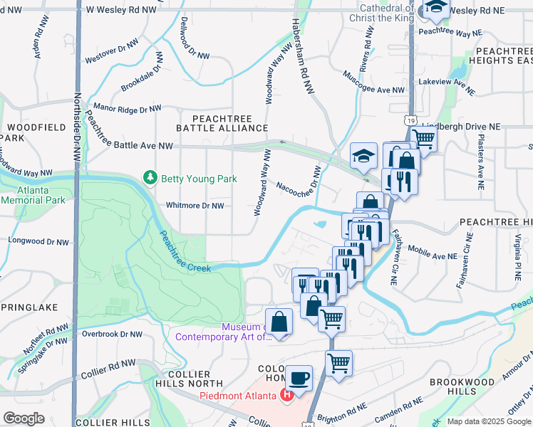 map of restaurants, bars, coffee shops, grocery stores, and more near 2361 Woodward Way Northwest in Atlanta