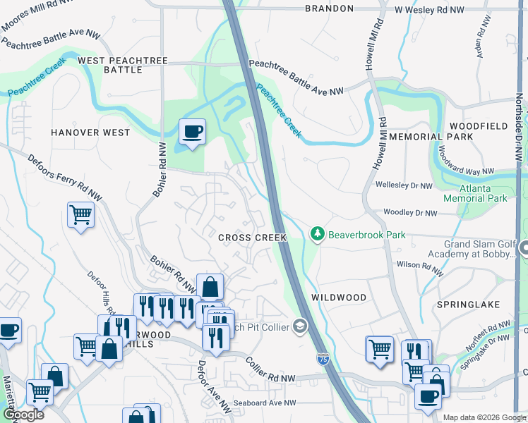 map of restaurants, bars, coffee shops, grocery stores, and more near 118 Lablanc Way Northwest in Atlanta