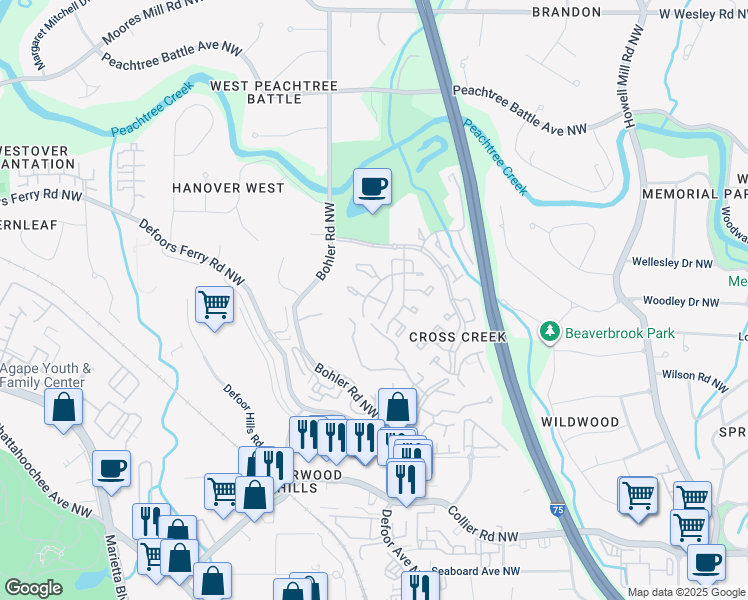 map of restaurants, bars, coffee shops, grocery stores, and more near 155 Amherst Place Northwest in Atlanta