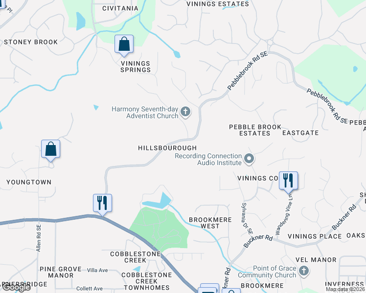 map of restaurants, bars, coffee shops, grocery stores, and more near 740 Pebblebrook Road Southeast in Mableton