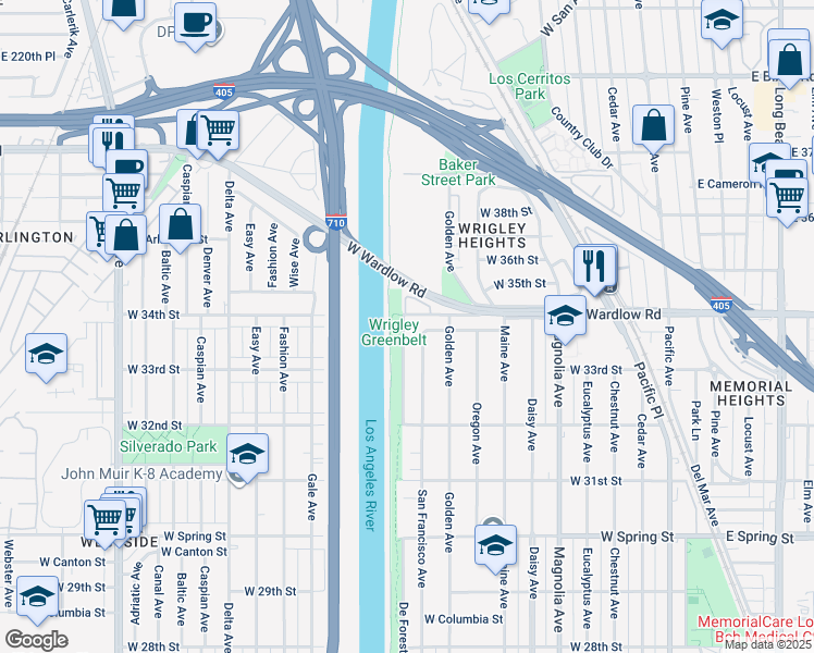 map of restaurants, bars, coffee shops, grocery stores, and more near 3384 De Forest Avenue in Long Beach