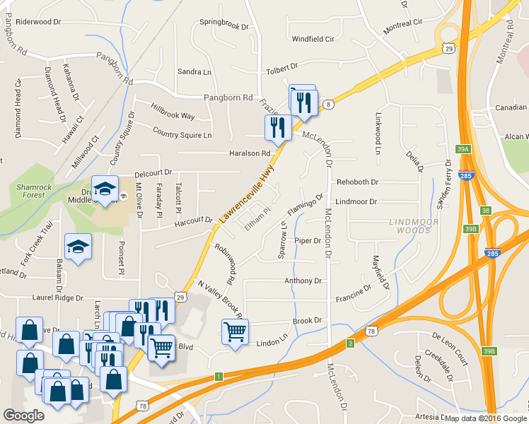 map of restaurants, bars, coffee shops, grocery stores, and more near 3039 Eltham Place in Decatur