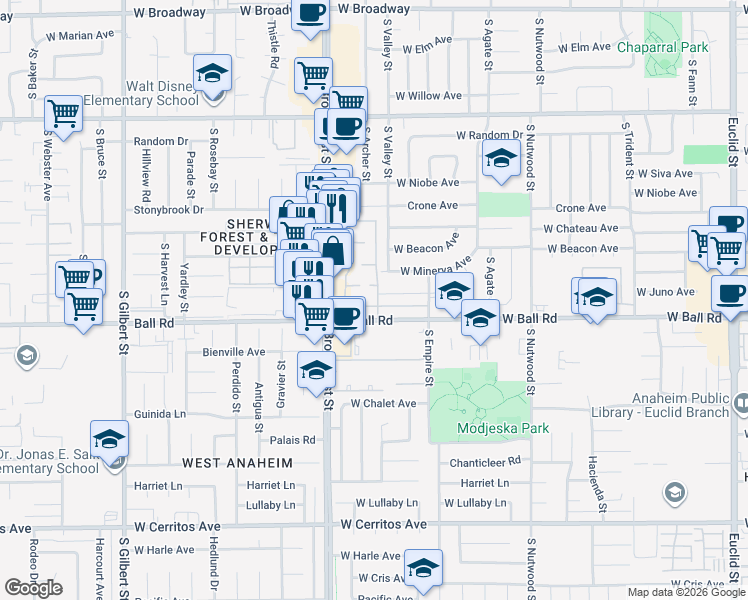 map of restaurants, bars, coffee shops, grocery stores, and more near 2141 West York Circle in Anaheim