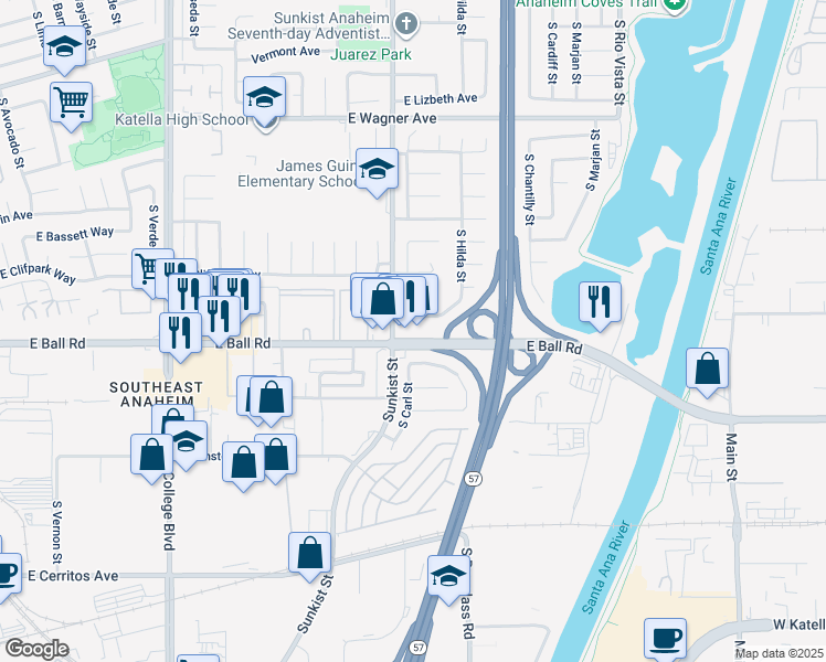 map of restaurants, bars, coffee shops, grocery stores, and more near 1177 South Laramie Street in Anaheim