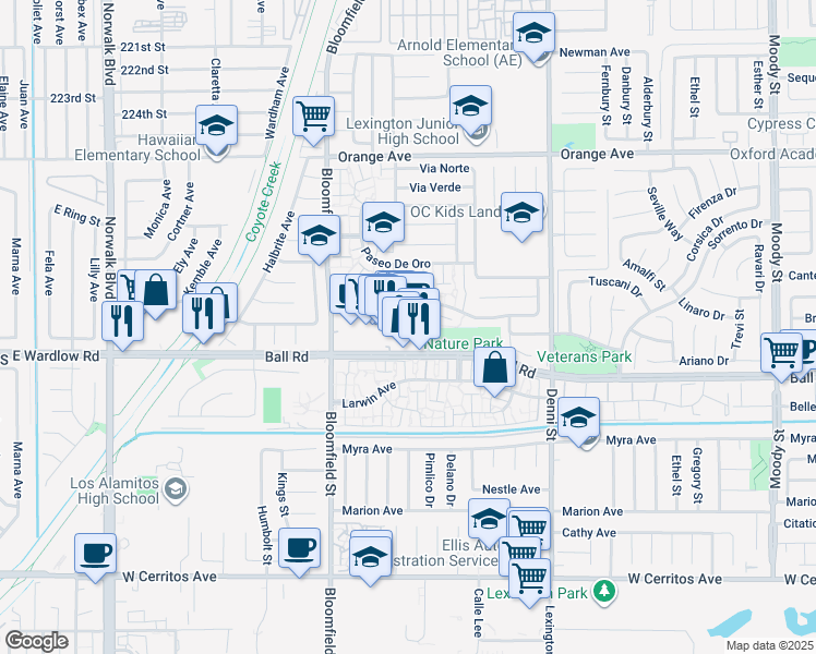 map of restaurants, bars, coffee shops, grocery stores, and more near 9845 Via Sonoma in Cypress