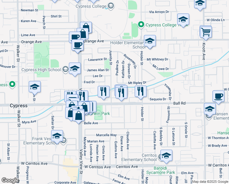 map of restaurants, bars, coffee shops, grocery stores, and more near 9950 Juanita Street in Cypress