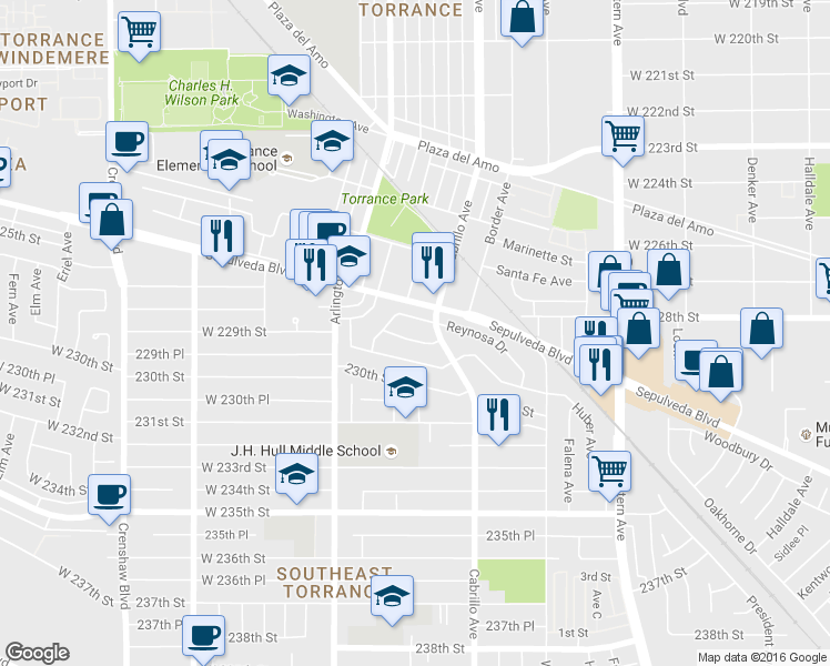 map of restaurants, bars, coffee shops, grocery stores, and more near 2027 Kathy Way in Torrance