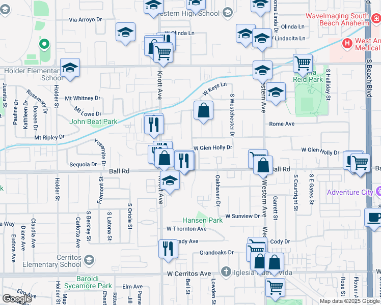map of restaurants, bars, coffee shops, grocery stores, and more near 3400 West Glen Holly Drive in Anaheim