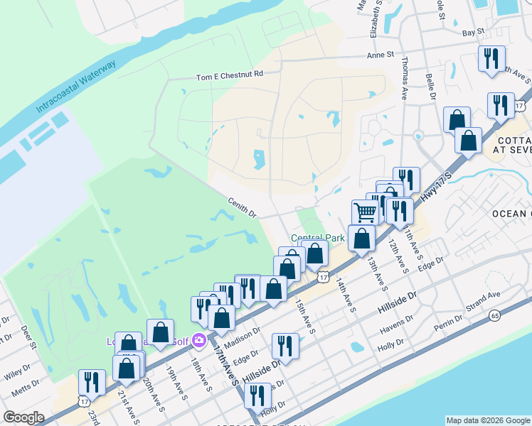 map of restaurants, bars, coffee shops, grocery stores, and more near 1101 Possum Trot Road in North Myrtle Beach