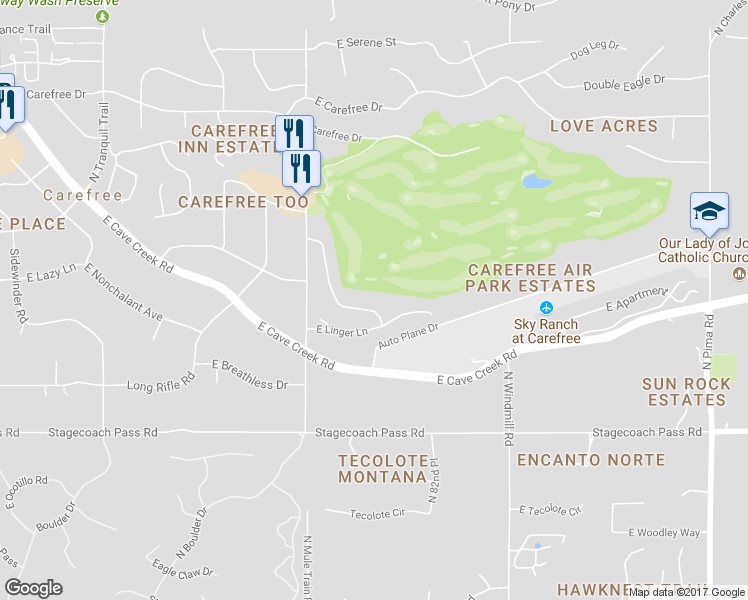map of restaurants, bars, coffee shops, grocery stores, and more near 36601 Mule Train Road in Carefree