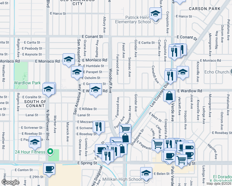 map of restaurants, bars, coffee shops, grocery stores, and more near in Long Beach