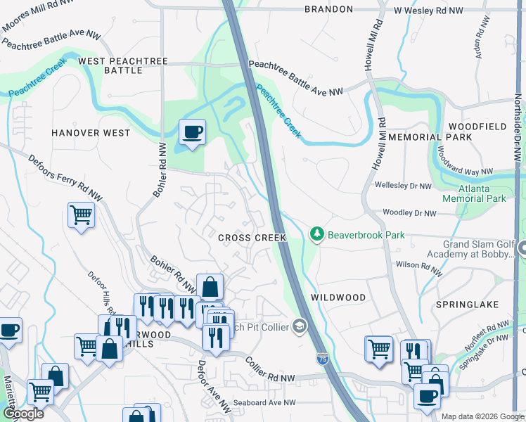 map of restaurants, bars, coffee shops, grocery stores, and more near 118 Lablanc Way Northwest in Atlanta