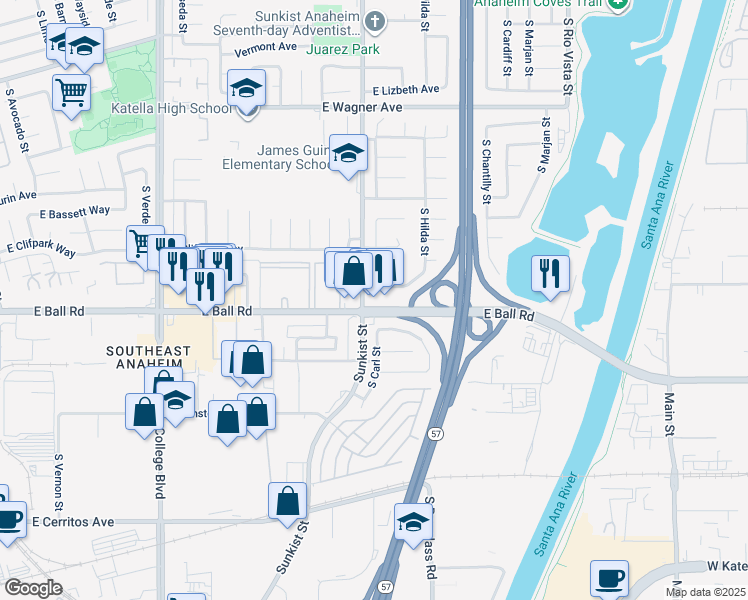 map of restaurants, bars, coffee shops, grocery stores, and more near 1177 South Laramie Street in Anaheim