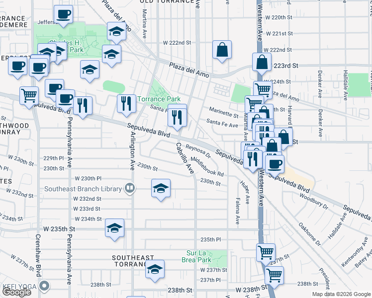 map of restaurants, bars, coffee shops, grocery stores, and more near 1971 Reynosa Drive in Torrance