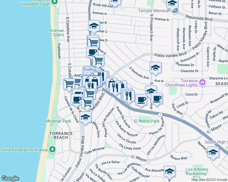 map of restaurants, bars, coffee shops, grocery stores, and more near 1700 South Pacific Coast Highway in Redondo Beach