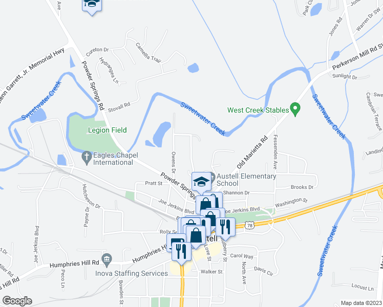 map of restaurants, bars, coffee shops, grocery stores, and more near 5585 Edith Street in Austell