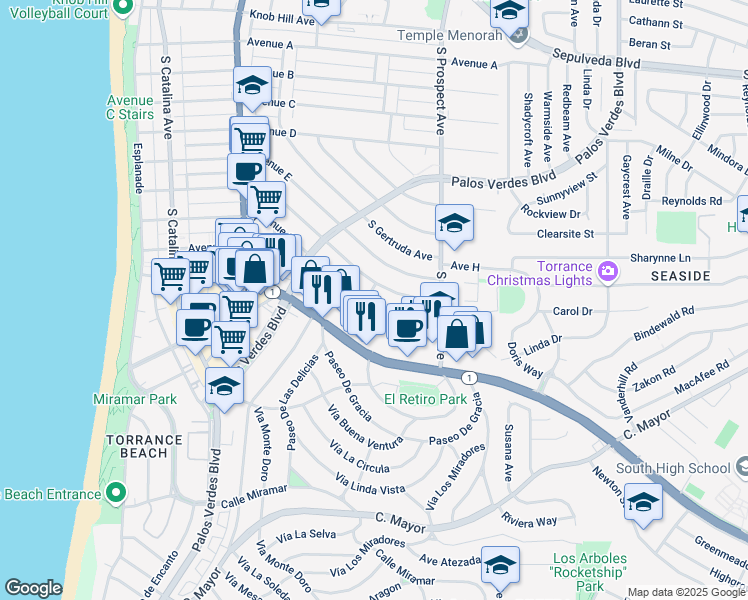 map of restaurants, bars, coffee shops, grocery stores, and more near 430 Avenue F in Redondo Beach