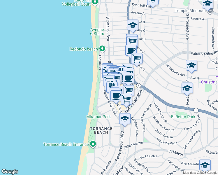 map of restaurants, bars, coffee shops, grocery stores, and more near 116 Avenue I in Redondo Beach