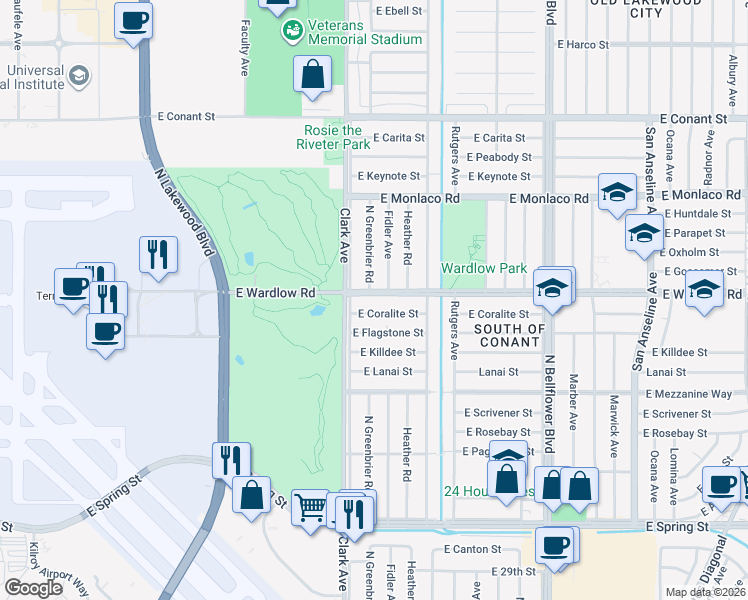 map of restaurants, bars, coffee shops, grocery stores, and more near 5128 East Wardlow Road in Long Beach