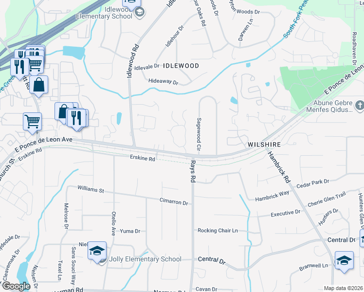 map of restaurants, bars, coffee shops, grocery stores, and more near 1320 Oakengate Drive in Stone Mountain