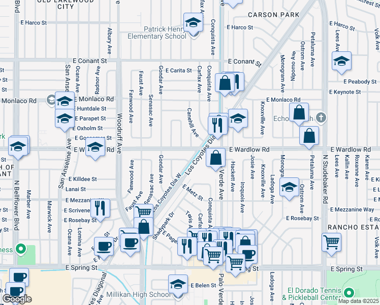 map of restaurants, bars, coffee shops, grocery stores, and more near 6235 East Wardlow Road in Long Beach