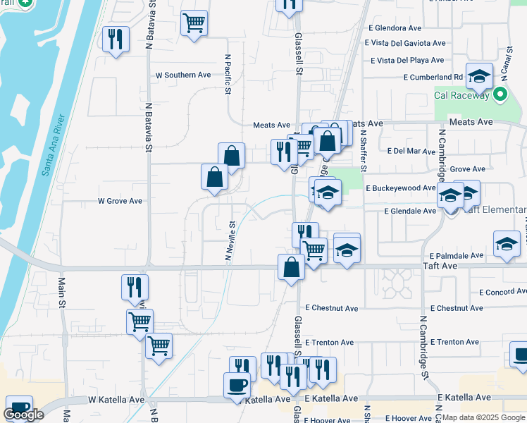 map of restaurants, bars, coffee shops, grocery stores, and more near 231 West Blueridge Avenue in Orange