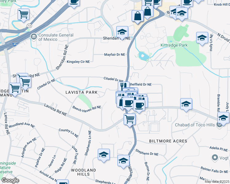 map of restaurants, bars, coffee shops, grocery stores, and more near 1300 Winfair Lane Northeast in Atlanta