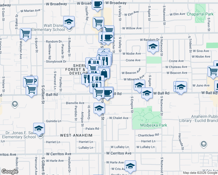 map of restaurants, bars, coffee shops, grocery stores, and more near 904 Cornwall Drive in Anaheim