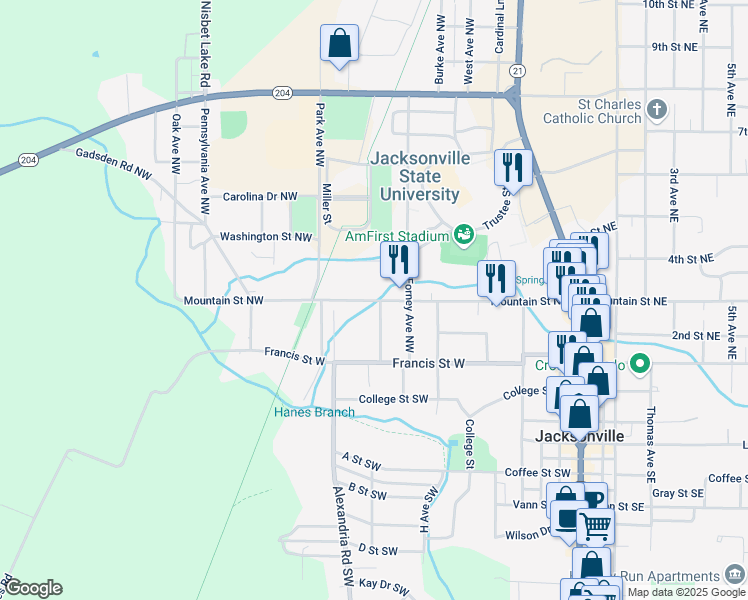 map of restaurants, bars, coffee shops, grocery stores, and more near 501 Mountain Street Northwest in Jacksonville