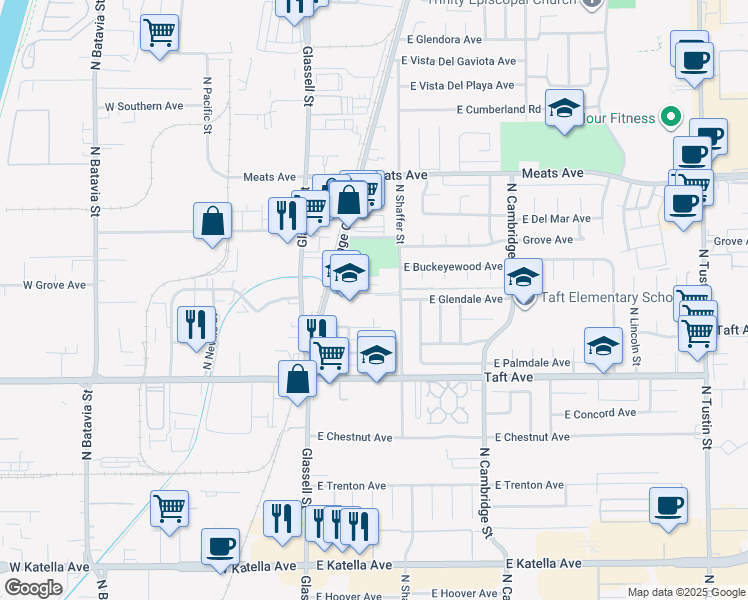 map of restaurants, bars, coffee shops, grocery stores, and more near 402 East Glendale Drive in Orange