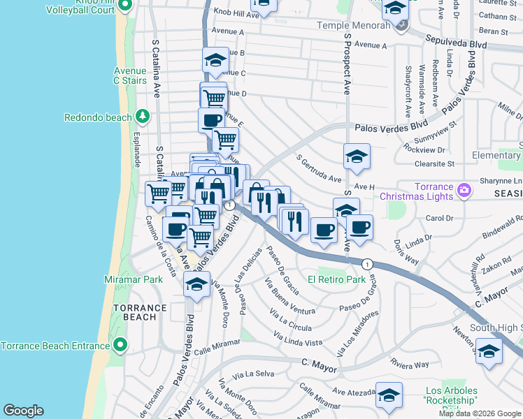 map of restaurants, bars, coffee shops, grocery stores, and more near 414 Avenue G in Redondo Beach