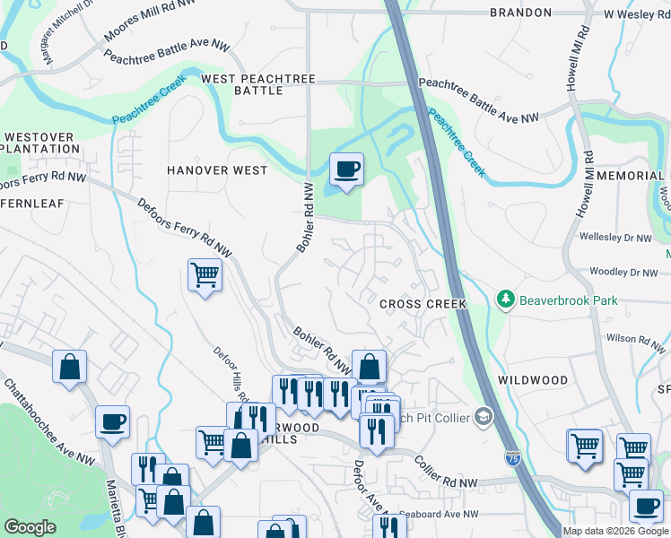map of restaurants, bars, coffee shops, grocery stores, and more near 155 Amherst Place Northwest in Atlanta