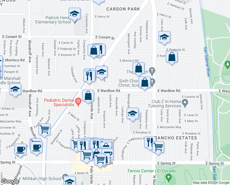 map of restaurants, bars, coffee shops, grocery stores, and more near 6514 East Wardlow Road in Long Beach