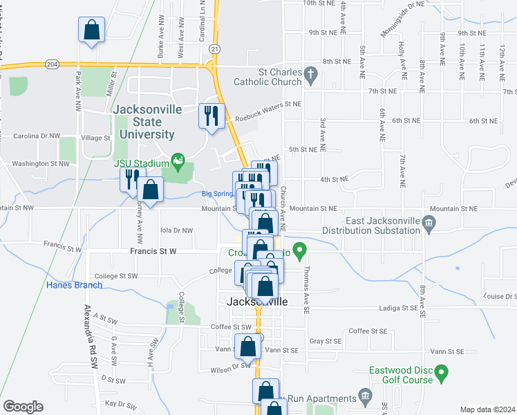 map of restaurants, bars, coffee shops, grocery stores, and more near 8 Mountain Street Northeast in Jacksonville