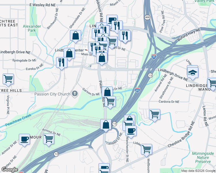 map of restaurants, bars, coffee shops, grocery stores, and more near 2323 Piedmont Road Northeast in Atlanta