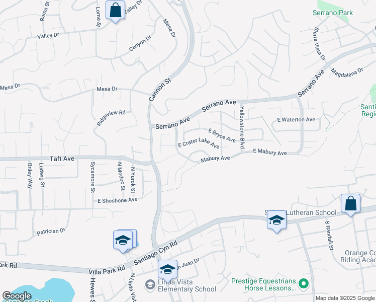 map of restaurants, bars, coffee shops, grocery stores, and more near 5707 East Mountain Avenue in Orange