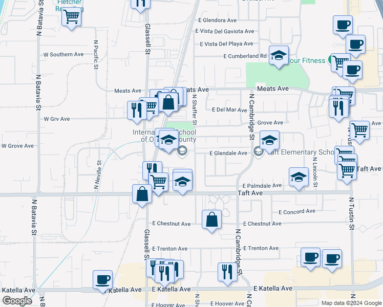 map of restaurants, bars, coffee shops, grocery stores, and more near 1850 North Shaffer Street in Orange