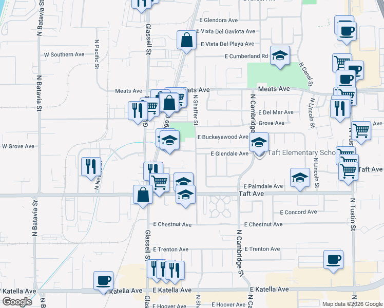 map of restaurants, bars, coffee shops, grocery stores, and more near 1850 North Shaffer Street in Orange