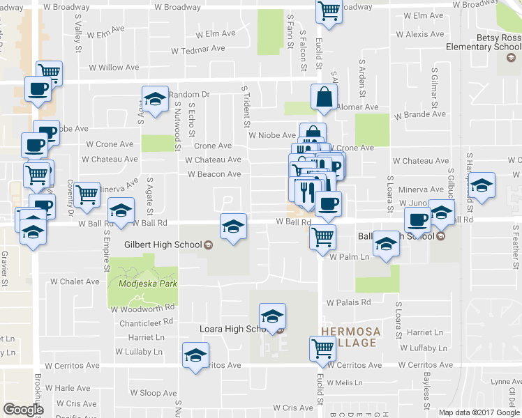 map of restaurants, bars, coffee shops, grocery stores, and more near 1780 West Juno Avenue in Anaheim