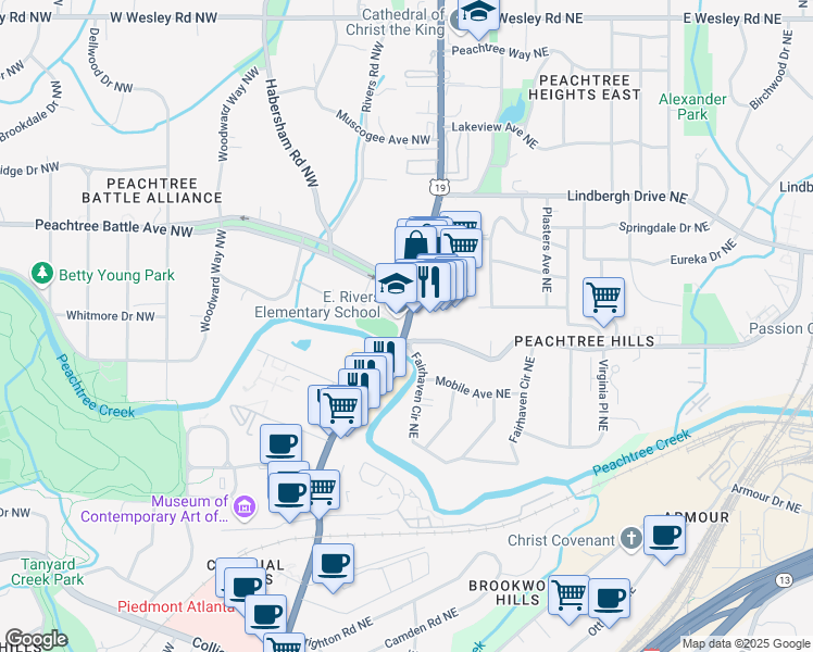 map of restaurants, bars, coffee shops, grocery stores, and more near 2144 Peachtree Road in Atlanta
