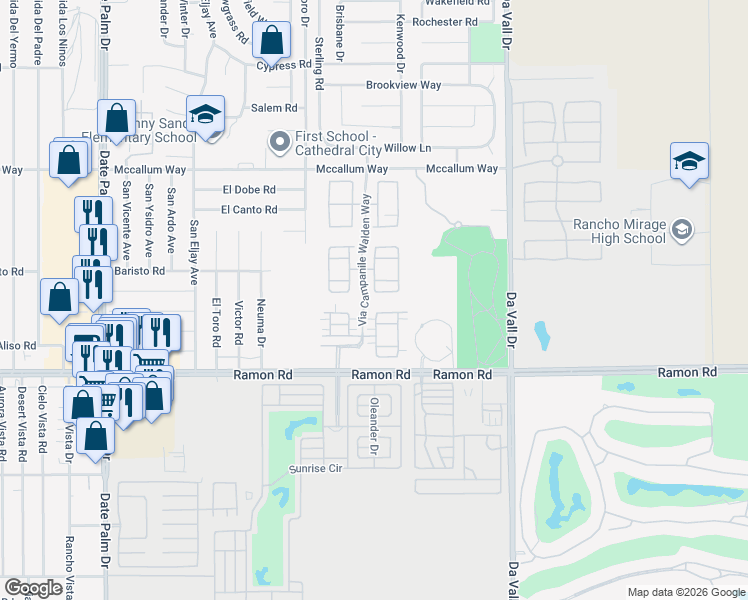 map of restaurants, bars, coffee shops, grocery stores, and more near 403 Via Milano in Cathedral City