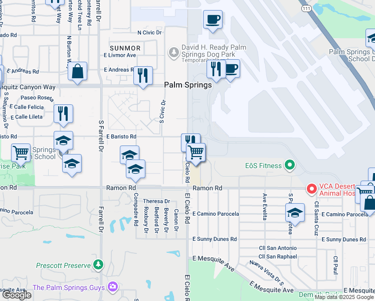 map of restaurants, bars, coffee shops, grocery stores, and more near 142 El Cielo Road in Palm Springs