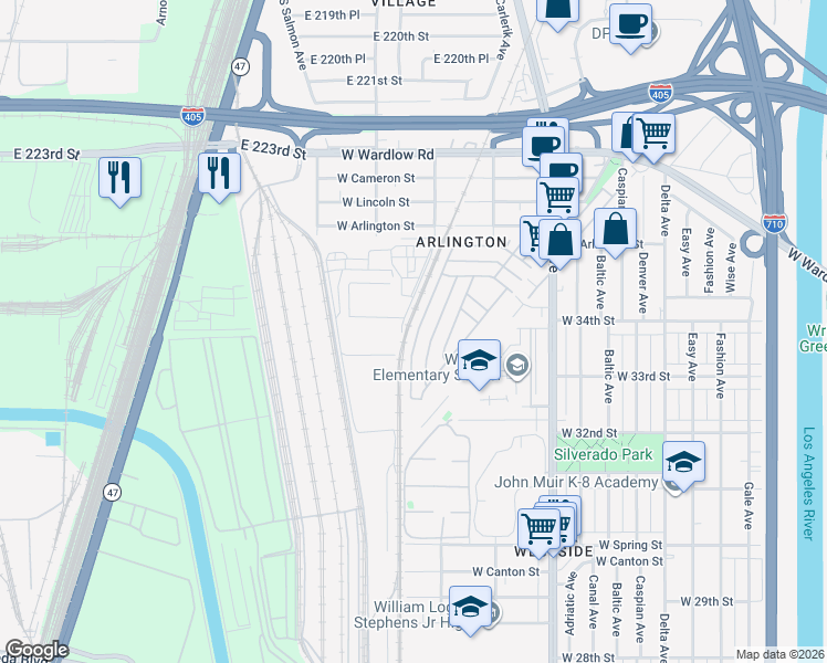 map of restaurants, bars, coffee shops, grocery stores, and more near 3595 Santa Fe Avenue in Long Beach