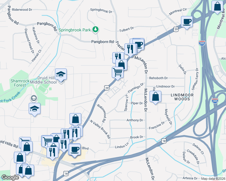 map of restaurants, bars, coffee shops, grocery stores, and more near 3096 Turman Circle in Decatur