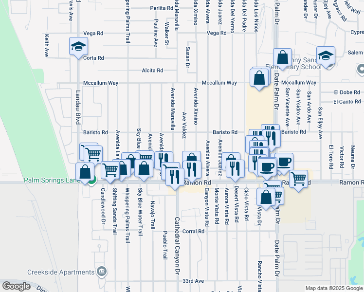 map of restaurants, bars, coffee shops, grocery stores, and more near 31560 Avenue Valdez in Cathedral City