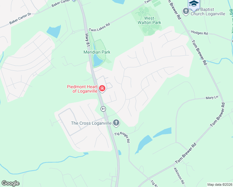 map of restaurants, bars, coffee shops, grocery stores, and more near 281 Village Drive in Loganville